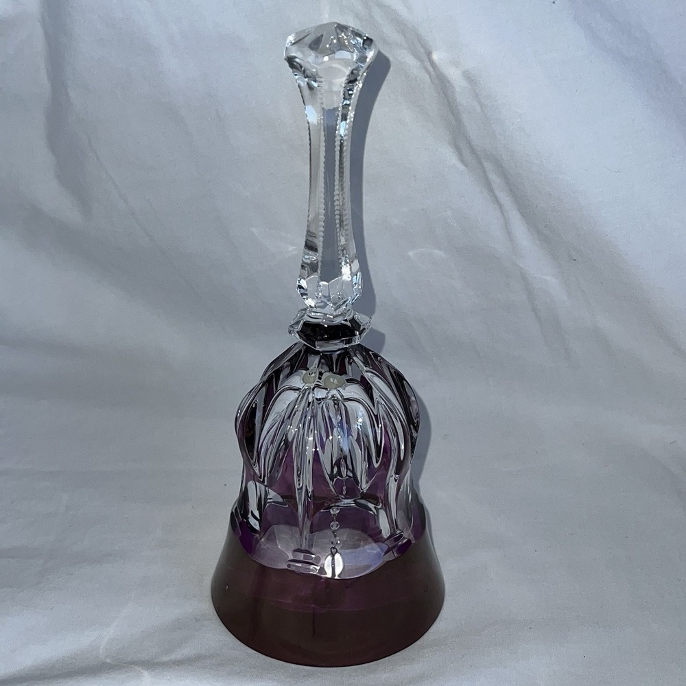 Vintage Amethyst Cut to Clear Crystal Glass Bell Hand Cut Faceted Handle 8"